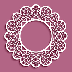 Circle frame with ornamental lace border, cutout paper pattern, elegant template for laser cutting, round lacy decoration for wedding invitation card design