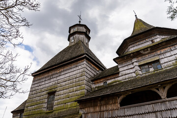 Fototapeta na wymiar The Church of Holy Cross at Drohobych, Ukraine. The typical example for the Wooden Churches of the Carpathian Region.