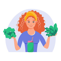 Health, vegetarianism, vegan green smoothie or cocktail concept. Happy healthy young woman got a vegetarian meal, Breakfast. Detox concept. Teenager Student girl with smile ready to eat healthy. Simpl