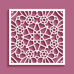 Square lace doily, cut paper decoration, vintage line pattern, decorative tile with floral ornament, template for laser cutting
