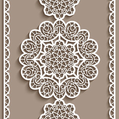 Vintage lace ribbon with round ornaments. Paper cut border patterns. Elegant lace decoration for wedding invitation card design. Template for laser cutting. 