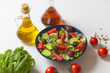 Mediterranean salad. It contains plenty of olive oil and vinegar water. It's a great salad for dieters. A widely consumed salad for a healthy diet.