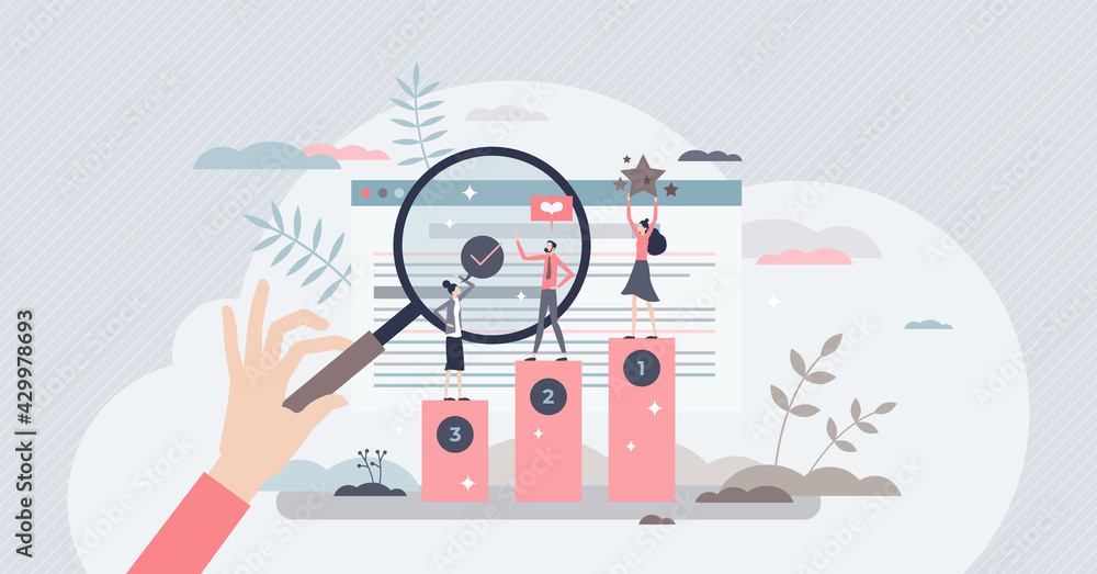 Poster online ranking and websites search engine top results tiny person concept. seo for marketing optimiz
