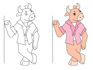 Charismatic bull in a pink shirt. Cute flat vector illustrations in children's cartoon style. A funny character. Isolated on white background