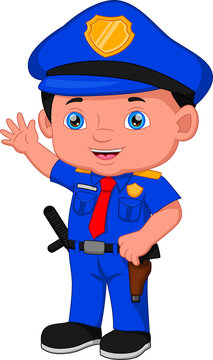 boy wearing police costume and waving