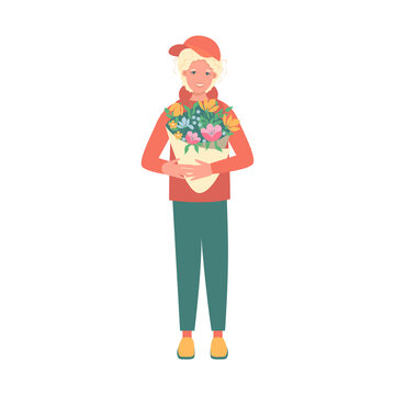 Smiling courier boy holding flowers bouquet. Flowers delivery service. Flat vector illustration 