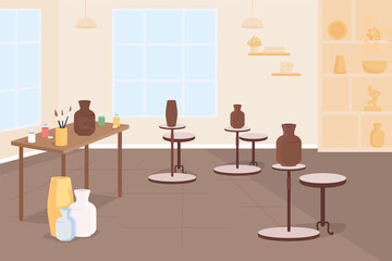 Pottery class flat color vector illustration. Learn creative craft for hobby. Pottery wheel. Handmade ceramics. Make vase from clay. Classroom 2D cartoon interior with furniture on background