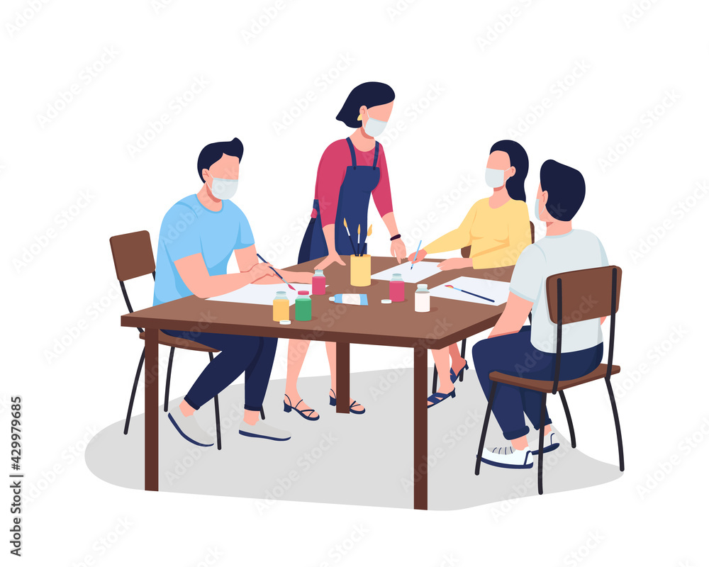 Poster adults in face masks in art class flat color vector faceless characters. craft workshop. learn new h