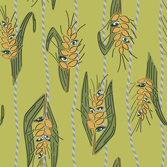 Abstract and fun pattern with organic motifs. Girly eyes grow on wheat. Repeating vector pattern in bohemian style. Unusual wheat plants and rope in an artistic background. 