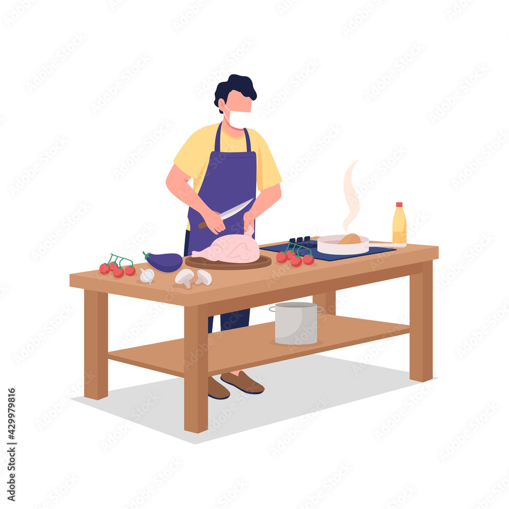 Wall mural male cook in face mask flat color vector faceless character. man preparing food. cooking, culinary c