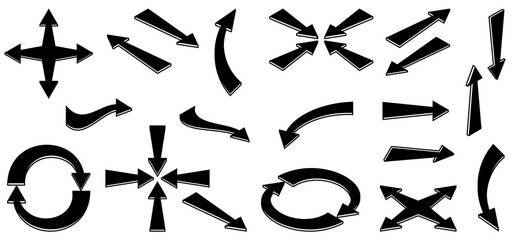 A collection of black and white arrows in different angles.Set of a variety of curved,angular and linear arrows on a white background.Application in various types of design.3d illustration.