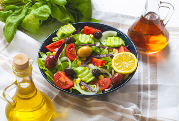 Mediterranean salad. It contains plenty of olive oil and vinegar water. It's a great salad for dieters. A widely consumed salad for a healthy diet.