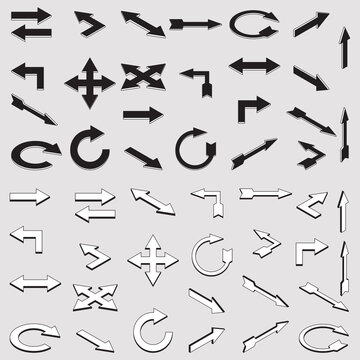 A set of black and white arrow icons in different angles on a gray background.Different arrows showing different directions are made in 3d style.Used in design elements.Isometric vector illustration.