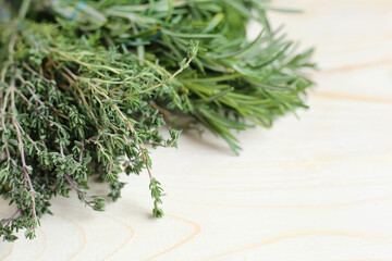 Greens, thyme, spinach, dill and rosemary close up
