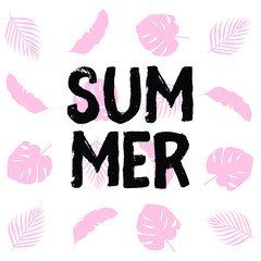 Hello Summer vector image with tropical leaves. Template for card, post, banner design.