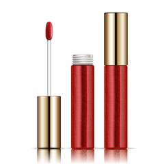 Opened red and gold lip gloss tube. isolated on white. Vector illustration.