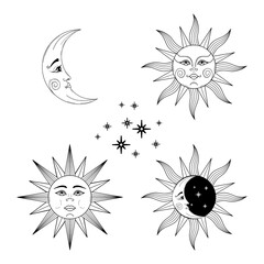 Vector set of isolated sun moon and stars. Hand draw magic symbol