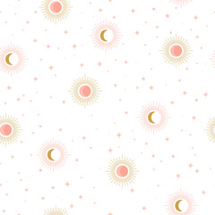 Vector seamless astrology background with sun, moon and stars. Female woman magic pattern. Fabric textile print.