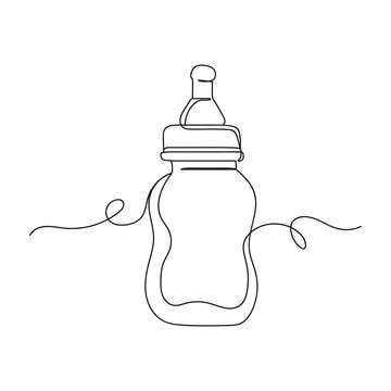 Continuous One Line Of Baby Milk Bottle In Silhouette . Minimal Style. Perfect For Cards, Party Invitations, Posters, Stickers, Clothing. Black Abstract Icon.