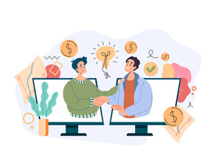 Two business person businessman shaking hands. Online web internet business deal handshake concept. Vector flat graphic design cartoon midern style illustration