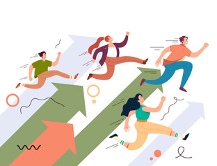 People teamwork characters running way forward. Business start up success competition project concept. Vector flat graphic design cartoon midern style illustration
