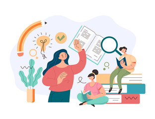 People students characters reading book searching information and learning. Education university tutorial concept. Vector flat graphic design cartoon midern style illustration