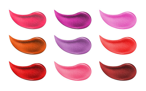 Collection of various smears lipstick isolated on white. Beauty and cosmetics background. Pink lip gloss strokes
