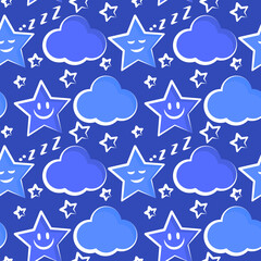 Seamless pattern. Sleeping stars, clouds, characters with a cheerful face.