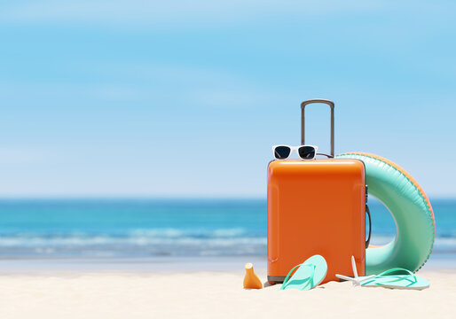 Orange suitcase with beach accessories on sand, sea and sky background. summer travel concept. 3d rendering