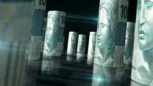 Brazilian Real rolls loop 3d animation. Money on the table. Camera between BRL rolled banknotes. Seamless and loopable abstract concept of economy, finance, business, recession and debt in Brazil.