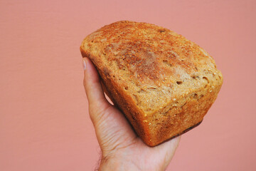 Yeast-free sourdough bread in hand on a pink background.
