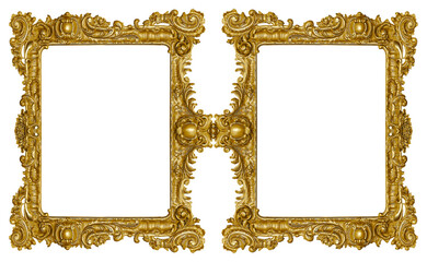 Double golden frame (diptych) for paintings, mirrors or photos isolated on white background. Design element with clipping path