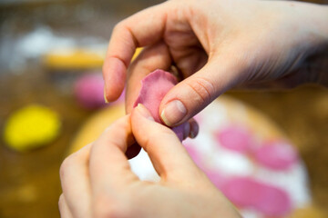 Fototapeta premium Sculpt dumplings in flour on a wooden board, hands sculpt dumplings before cooking. Top view, close up.