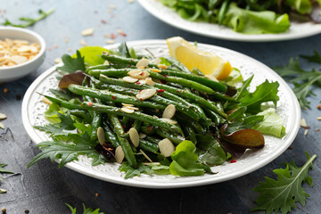 Grilled French beans salad with almond flakes,Vegan vegetarian protein dish