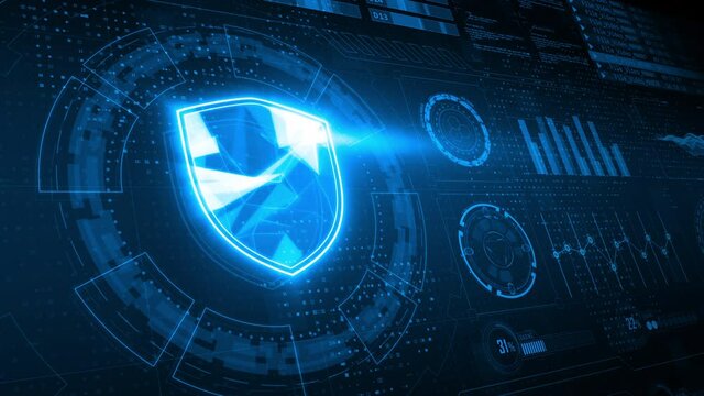 Motion graphic of Blue shield with head up display ( HUD ) background and futuristic technology abstract background network security concept