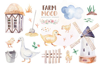 farms animal set mill. Cute domestic pets watercolor illustration. horse and goose. ranchp pig design with goat. rooster chicken and sheep, cow. © kris_art