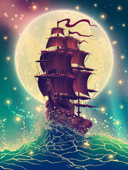 Ship with sails on the waves with water splashes in the sea or ocean over starry sky and moon light illustration in vector. Digital high detailed fantasy landscape drawing. - obrazy, fototapety, plakaty