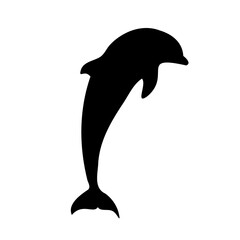 Dolphin isolated black silhouette. Side view. Marine animal. White background. Vector illustration clipart.