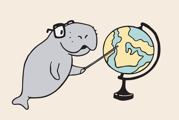Dugong character. Vector hand-drawn Manatee or Sea Cow mascot illustration. Teaching geography with globus cartoon isolated emoji animal