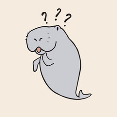 Dugong character. Vector hand drawn Manatee or Sea Cow mascot illustration. Wondering and surprised cartoon isolated emoji animal
