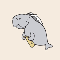 Dugong character. Vector hand drawn Manatee or Sea Cow mascot illustration. Middle east arabic style with karak teapot cartoon isolated emoji animal
