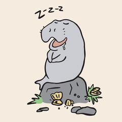 Dugong character. Vector hand drawn Manatee or Sea Cow mascot illustration. Sleeping cartoon isolated emoji animal
