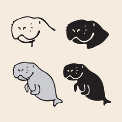 Dugong character . Vector hand drawn Manatee or Sea Cow maskot set. Logo, mark, icon isolated. Black line art Vector illustration.

