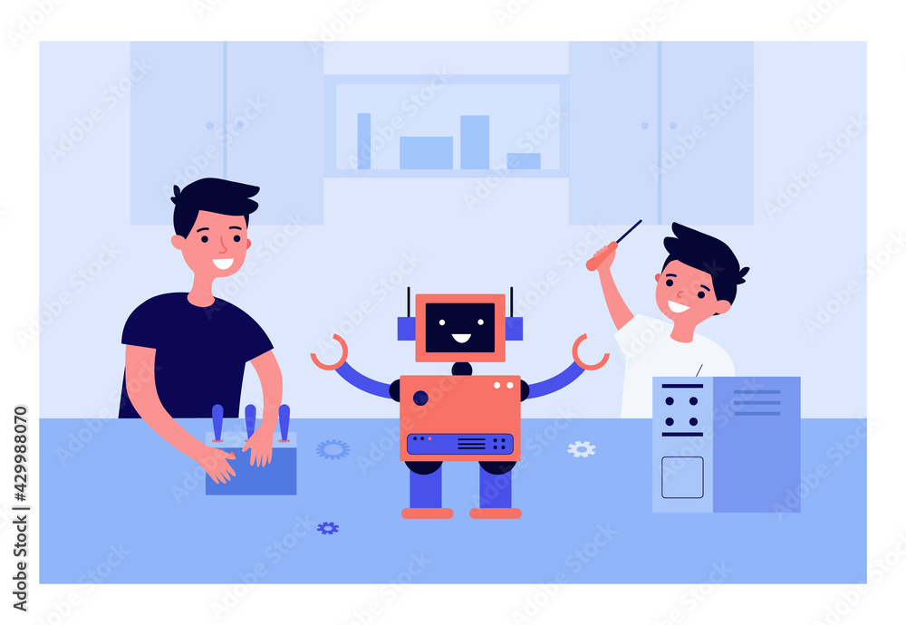 Poster happy children making robot together. brothers creating machine for school project flat vector illus