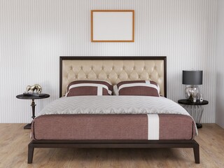 Photo Frame Mockup in the bedroom. 3D Rendering, 3D illustration.