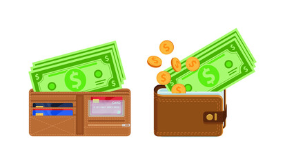 2 Wallets with cash coins money dollar vector illustration.