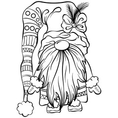 Christmas or garden scandinavian gnome in a long hat with a pom pom. Cute nisse or tomte cartoon character. Vector hand drawn illustration in line art style isolated. For coloring book, postcards