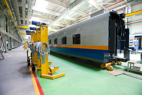 Kazakhstan, Astana locomotive-building plant. Manufacturing of Tulpar-Talgo high-speed train rail cars. New car in workshop, no people.