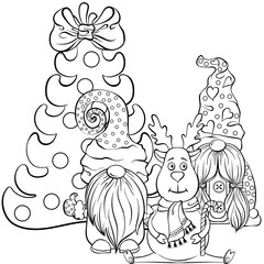 Two Christmas scandinavian gnomes and sitting deer near the christmas tree. Cute nisse or tomte cartoon character. Vector hand drawn illustration in line art style isolated. For coloring book page