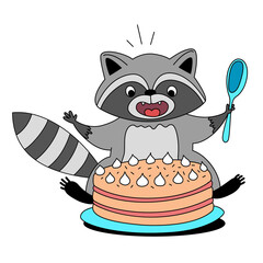 Vector illustration of cute happy raccoon with spoon and cake